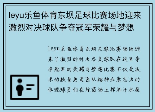 leyu乐鱼体育东坝足球比赛场地迎来激烈对决球队争夺冠军荣耀与梦想