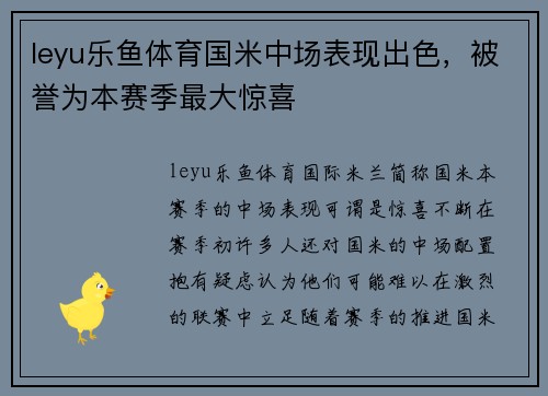 leyu乐鱼体育国米中场表现出色，被誉为本赛季最大惊喜
