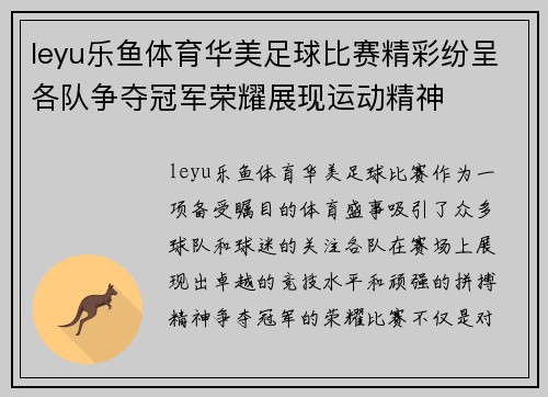 leyu乐鱼体育华美足球比赛精彩纷呈各队争夺冠军荣耀展现运动精神