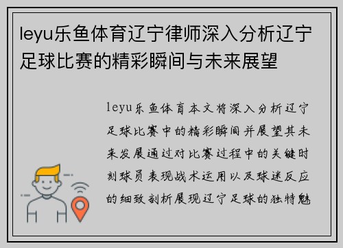 leyu乐鱼体育辽宁律师深入分析辽宁足球比赛的精彩瞬间与未来展望